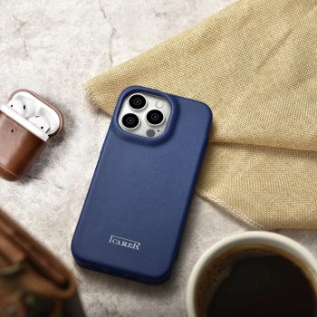 iCarer CE Premium Leather Folio Case skórzane etui iPhone 14 Pro Max z klapką magnetyczne MagSafe niebieski (WMI14220716-BU)