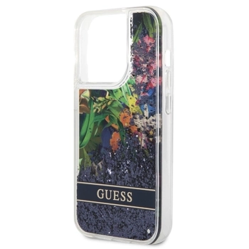 Etui Guess Flower Liquid Glitter na iPhone 14 Pro Max - niebieskie