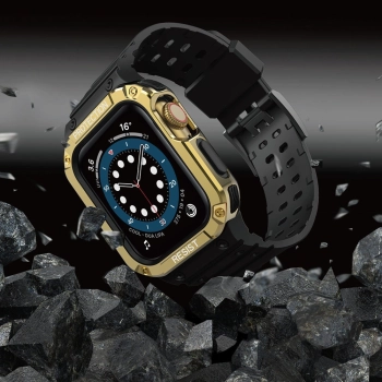 Protect Strap Band opaska z etui do Apple Watch 7 / 6 / 5 / 4 / 3 / 2 / SE (41 / 40 / 38mm) obudowa pancerny pokrowiec na zegarek czarny / złoty
