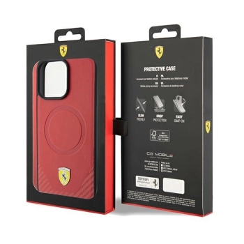 Etui Ferrari Carbon Metal Logo MagSafe na iPhone 15 Pro - czerwone