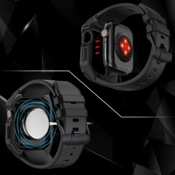 Kingxbar CYF140 2w1 pancerne etui Apple Watch 9, 8, 7 (45 mm) ze stali nierdzewnej z paskiem czarne