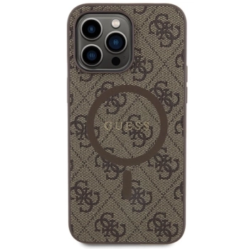 Etui Guess 4G Collection Leather Metal Logo MagSafe na iPhone 15 Pro - brązowe