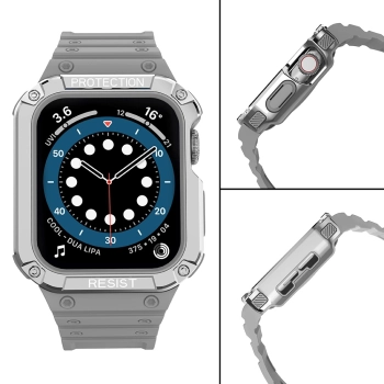 Protect Strap Band opaska z etui do Apple Watch 7 / 6 / 5 / 4 / 3 / 2 / SE (41 / 40 / 38mm) obudowa pancerny pokrowiec na zegarek szary / srebrny