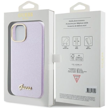 Etui Guess Glitter Glossy Script do iPhone 15 - liliowe