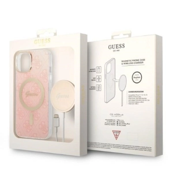 Etui Guess 4G Print MagSafe na iPhone 14 Plus + ładowarka indukcyjna - różowe