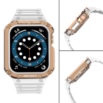 Protect Strap Band opaska z etui do Apple Watch 7 / 6 / 5 / 4 / 3 / 2 / SE (41 / 40 / 38mm) obudowa pancerny pokrowiec na zegarek biały / różowe złoto