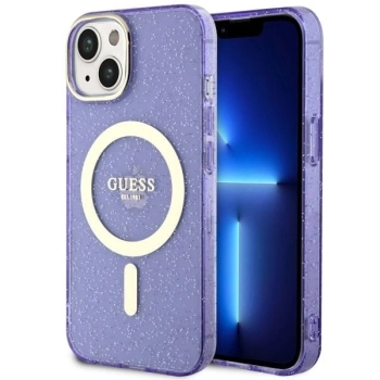 Etui Guess Glitter Gold MagSafe na iPhone 14 - purpurowe