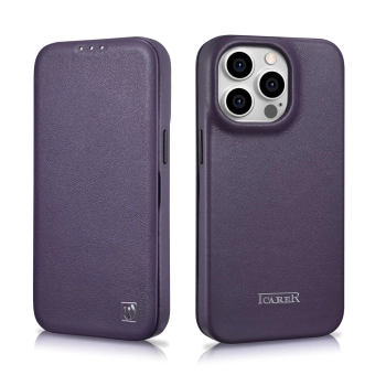 iCarer CE Premium Leather Folio Case skórzane etui iPhone 14 Pro z klapką magnetyczne MagSafe ciemnofioletowy (WMI14220714-DP)