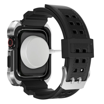 Kingxbar CYF134 2w1 pancerne etui Apple Watch SE, 6, 5, 4 (44 mm) ze stali nierdzewnej z paskiem srebrne
