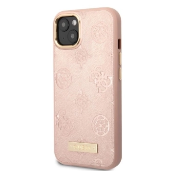 Etui Guess Peony Logo Plate MagSafe na iPhone 13 - różowe