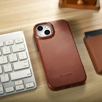 iCarer CE Oil Wax Premium Leather Folio Case skórzane etui iPhone 14 z klapką magnetyczne MagSafe brązowy (AKI14220705-BN)