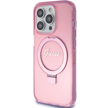 Etui Guess Ring Stand Script Glitter MagSafe na iPhone 15 Pro Max - różowe
