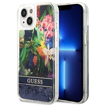 Etui Guess Flower Liquid Glitter na iPhone 14 - niebieskie