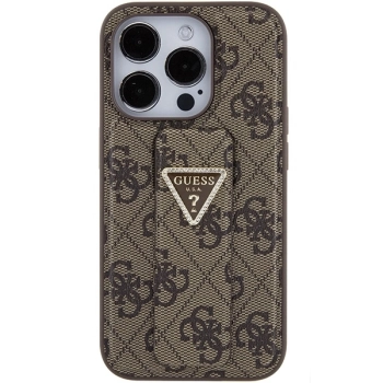 Etui Guess Grip Stand 4G Triangle Strass na iPhone 15 Pro - brązowe