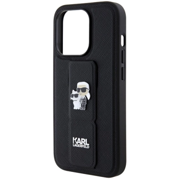 Etui Karl Lagerfeld Gripstand Saffiano Karl&Choupette Pins na iPhone 14 Pro - czarne