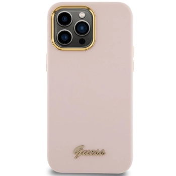 Etui Guess Silicone Script Metal Logo & Frame na iPhone 15 Pro - różowe