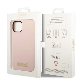 Etui Guess Silicone Logo Plate MagSafe na iPhone 14 Plus - różowe