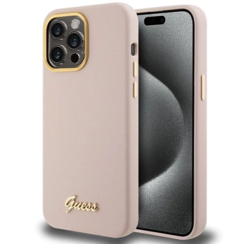 Etui Guess Silicone Script Metal Logo & Frame na iPhone 15 Pro - różowe