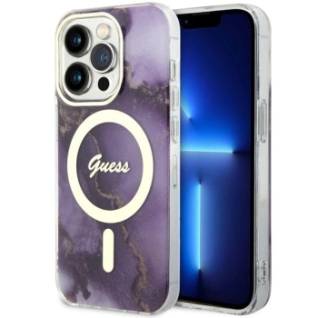 Etui Guess Golden Marble MagSafe na iPhone 14 Pro Max - purpurowe