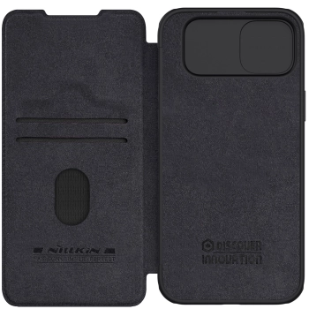 Skórzane etui z klapką osłoną aparatu do iPhone 15 Plus Nillkin Qin Pro Leather - czarne