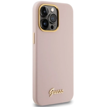 Etui Guess Silicone Script Metal Logo & Frame na iPhone 15 Pro - różowe