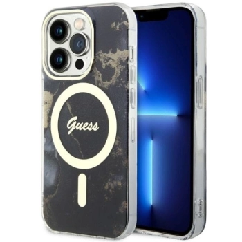 Etui Guess Golden Marble MagSafe na iPhone 14 Pro - czarne