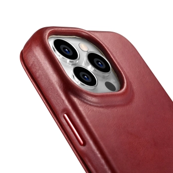 iCarer CE Oil Wax Premium Leather Folio Case skórzane etui iPhone 14 Pro Max z klapką magnetyczne MagSafe czerwony (AKI14220708-RD)