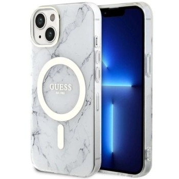 Etui Guess Marble MagSafe na iPhone 14 Plus - białe