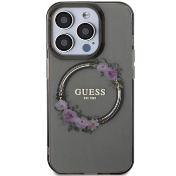 Etui Guess IML Flowers Wreath MagSafe na iPhone 15 Pro - czarne