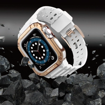 Protect Strap Band opaska z etui do Apple Watch 7 / 6 / 5 / 4 / 3 / 2 / SE (41 / 40 / 38mm) obudowa pancerny pokrowiec na zegarek biały / różowe złoto