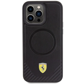 Etui Ferrari Carbon Metal Logo MagSafe na iPhone 15 Pro Max - czarne