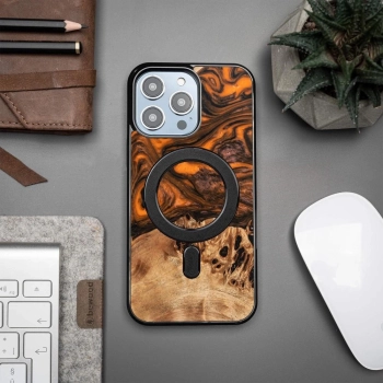 Etui z drewna i żywicy na iPhone 14 Pro Max MagSafe Bewood Unique Orange - pomarańczowo-czarne