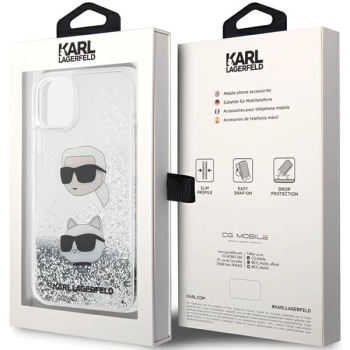 Etui Karl Lagerfeld Liquid Glitter Karl&Choupette Heads na iPhone 11 / Xr - srebrne