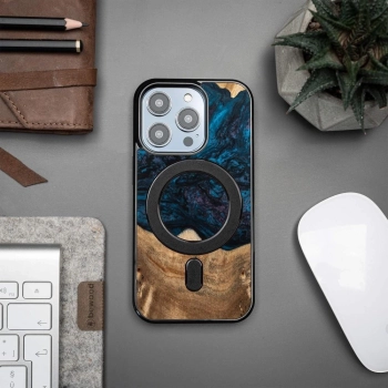 Etui z drewna i żywicy na iPhone 15 Pro MagSafe Bewood Unique Neptun - granatowo-czarne