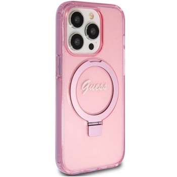 Etui Guess Ring Stand Script Glitter MagSafe na iPhone 15 Pro Max - różowe