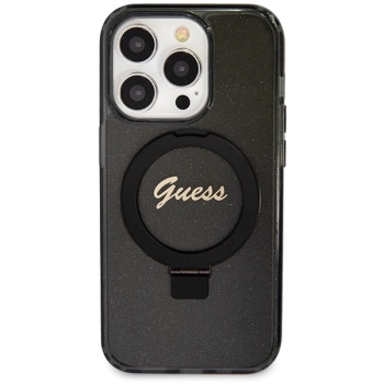 Etui Guess Ring Stand Script Glitter MagSafe na iPhone 13 Pro Max - czarne