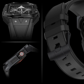 Kingxbar CYF140 2w1 pancerne etui Apple Watch 9, 8, 7 (45 mm) ze stali nierdzewnej z paskiem czarne
