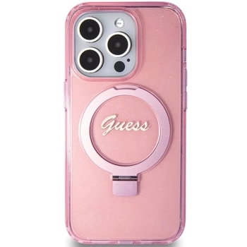 Etui Guess Ring Stand Script Glitter MagSafe na iPhone 15 Pro Max - różowe
