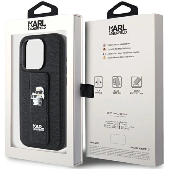 Etui Karl Lagerfeld Gripstand Saffiano Karl&Choupette Pins na iPhone 15 Pro - czarne