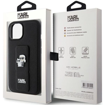 Etui Karl Lagerfeld Gripstand Saffiano Karl&Choupette Pins na iPhone 15 - czarne