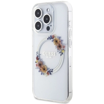 Etui Guess IML Flowers Wreatch MagSafe na iPhone 15 Pro - przezroczyste