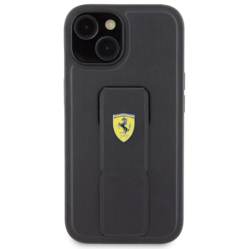 Etui Ferrari Grip Stand Metal Logo na iPhone 15 - czarne