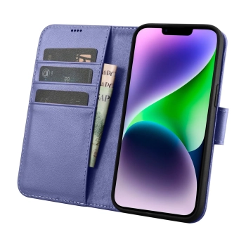iCarer Wallet Case 2in1 etui iPhone 14 Plus skórzany pokrowiec z klapką Anti-RFID jasnofioletowy (WMI14220727-LP)