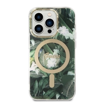 Etui Guess Jungle MagSafe na iPhone 14 Pro Max + ładowarka indukcyjna - zielone