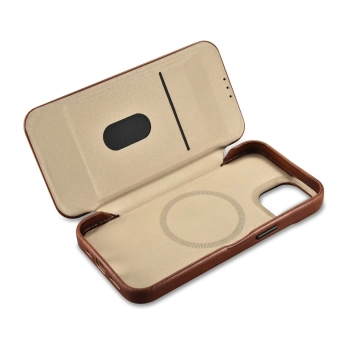 iCarer CE Oil Wax Premium Leather Folio Case skórzane etui iPhone 14 z klapką magnetyczne MagSafe brązowy (AKI14220705-BN)