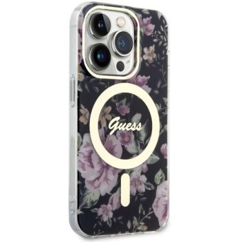 Etui Guess Flower MagSafe na iPhone 14 Pro - czarne