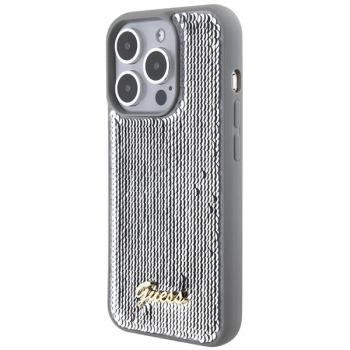 Etui Guess Sequin Script Metal na iPhone 15 Pro Max - srebrne