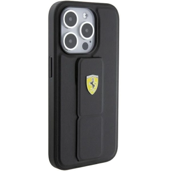 Etui Ferrari Grip Stand Metal Logo na iPhone 15 Pro Max - czarne