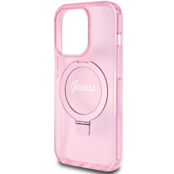 Etui Guess Ring Stand Script Glitter MagSafe na iPhone 15 Pro Max - różowe