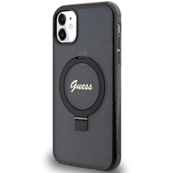 Etui Guess Ring Stand Script Glitter MagSafe na iPhone 11 / Xr - czarne